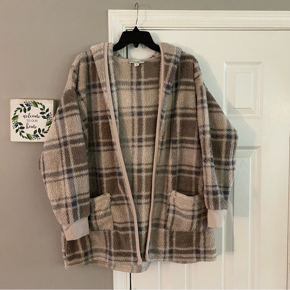 Koolaburra By Ugg Open Front Tan Neutral Plaid Sherpa Cardigan Shacket Medium